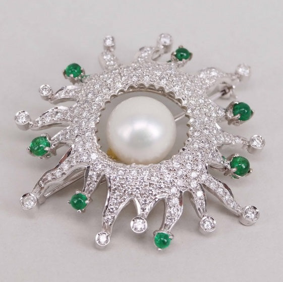 Diamond, cultured pearl, emerald and 18-karat white gold brooch