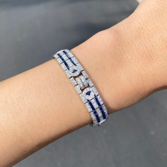 Tiffany & Co. Art Deco Platinum Sapphire & Diamond Bracelet worn on wrist