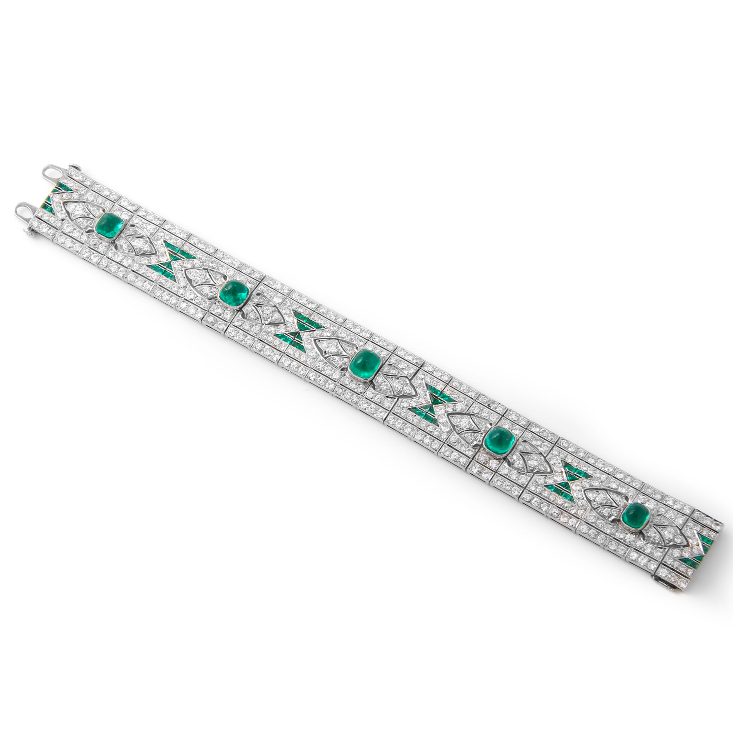 Art Deco Platinum Emerald & Diamond Bracelet laid out front view