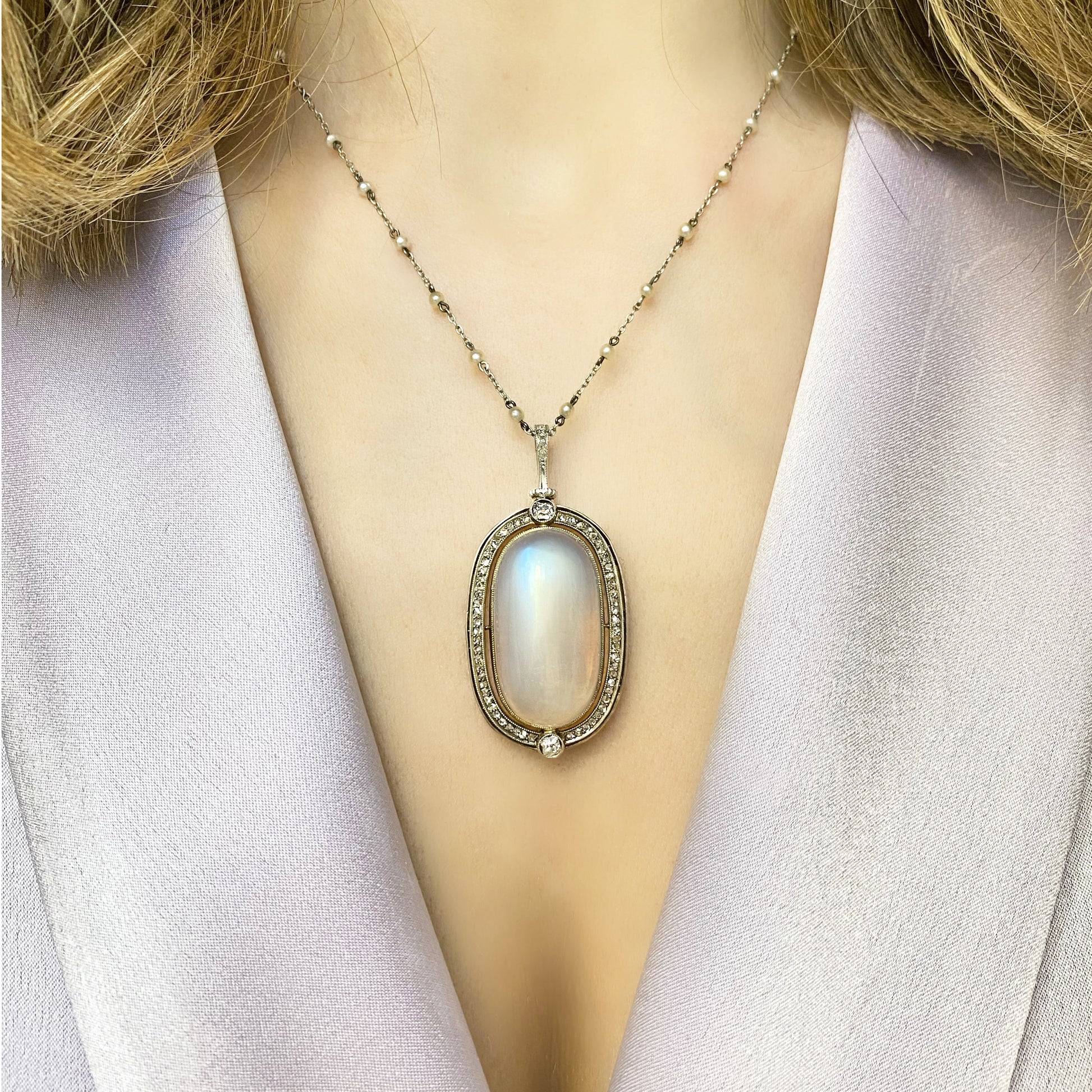 Victorian Silver & 18KT Yellow Gold Moonstone, Diamond & Natural Pearl Necklace worn on neck