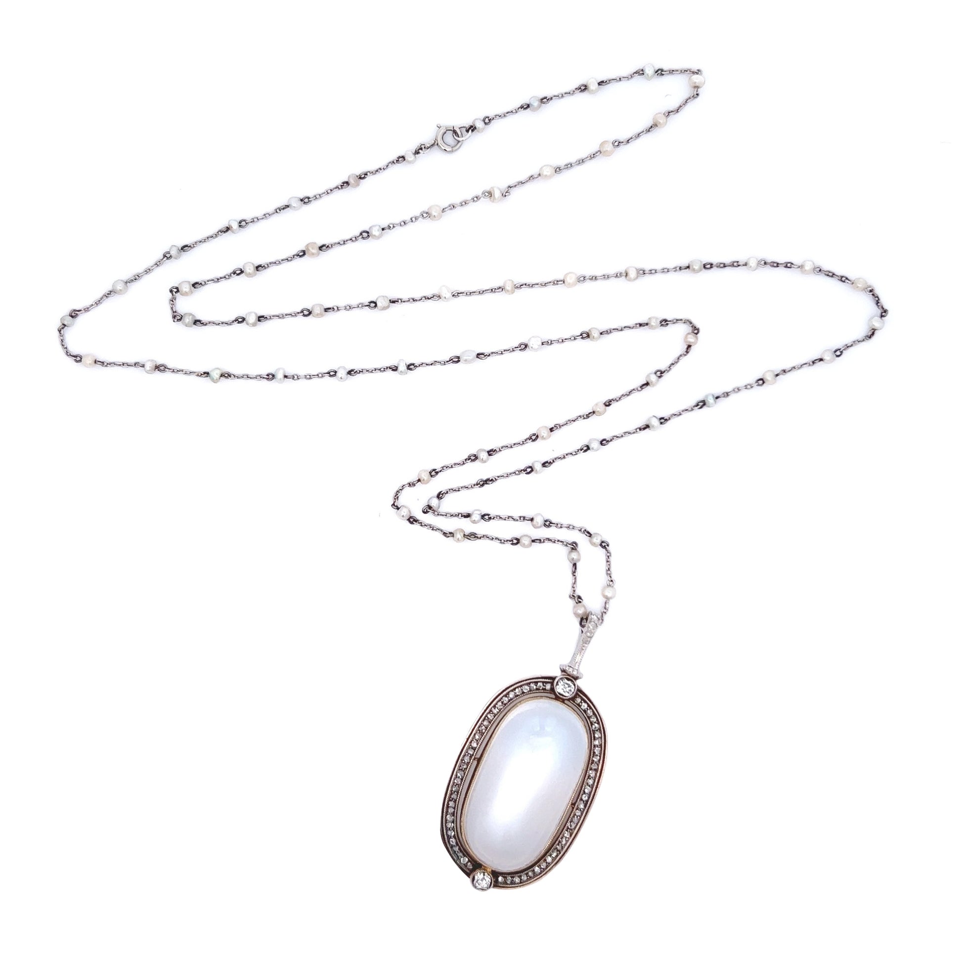 Victorian Silver & 18KT Yellow Gold Moonstone, Diamond & Natural Pearl Necklace front view