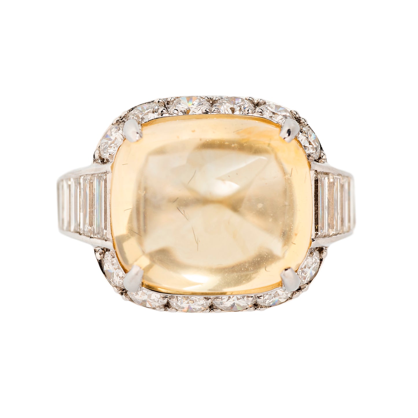 1980s Platinum Yellow Sapphire & Diamond Ring front view