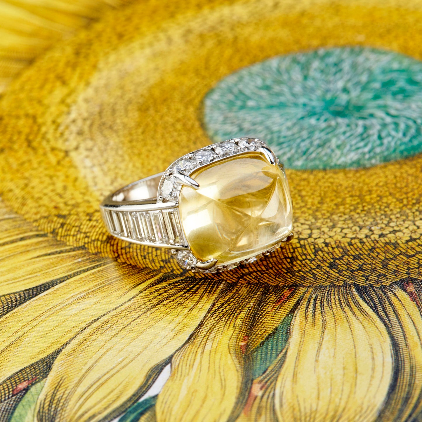 1980s Platinum Yellow Sapphire & Diamond Ring front side view