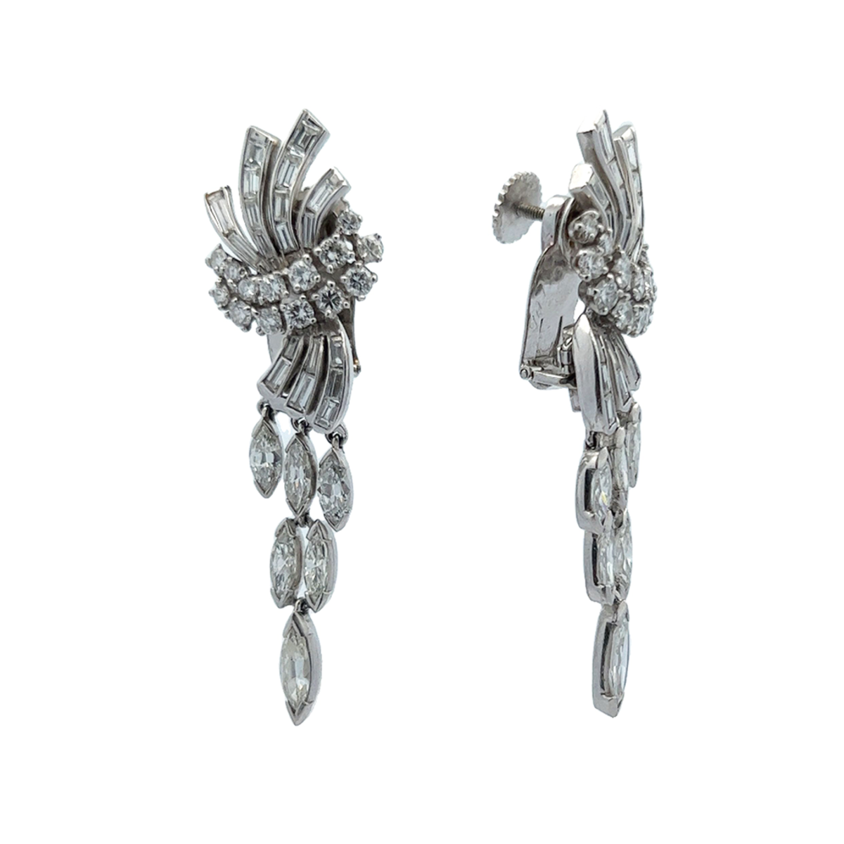 1950s Platinum Diamond Earrings front and side view