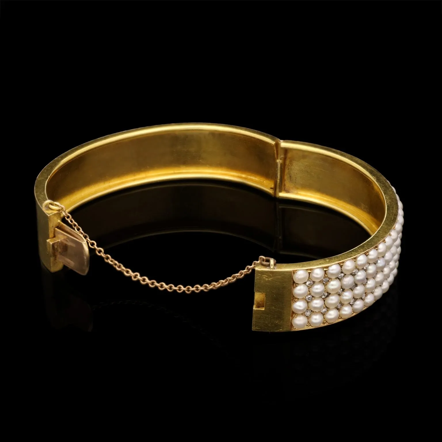 English Victorian 15KT Yellow Gold Pearl & Diamond Bangle Bracelet back view