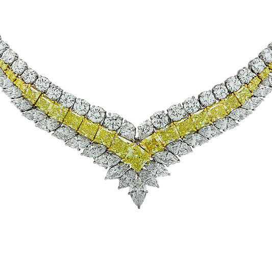 Post-1980s Platinum Yellow & White Diamond Necklace front view close-up