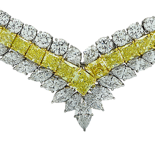 Post-1980s Platinum Yellow & White Diamond Necklace front view close-up