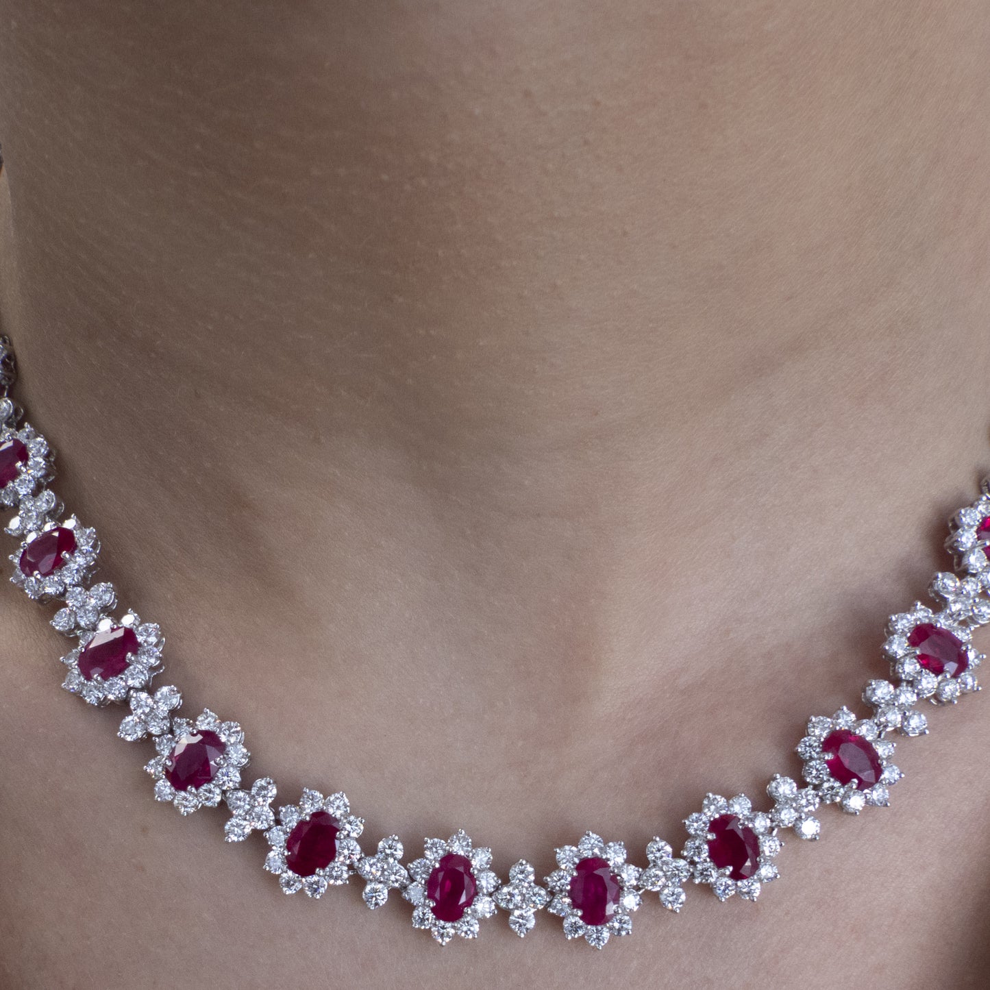Post-1980s Platinum Ruby & Diamond Necklace worn on neck