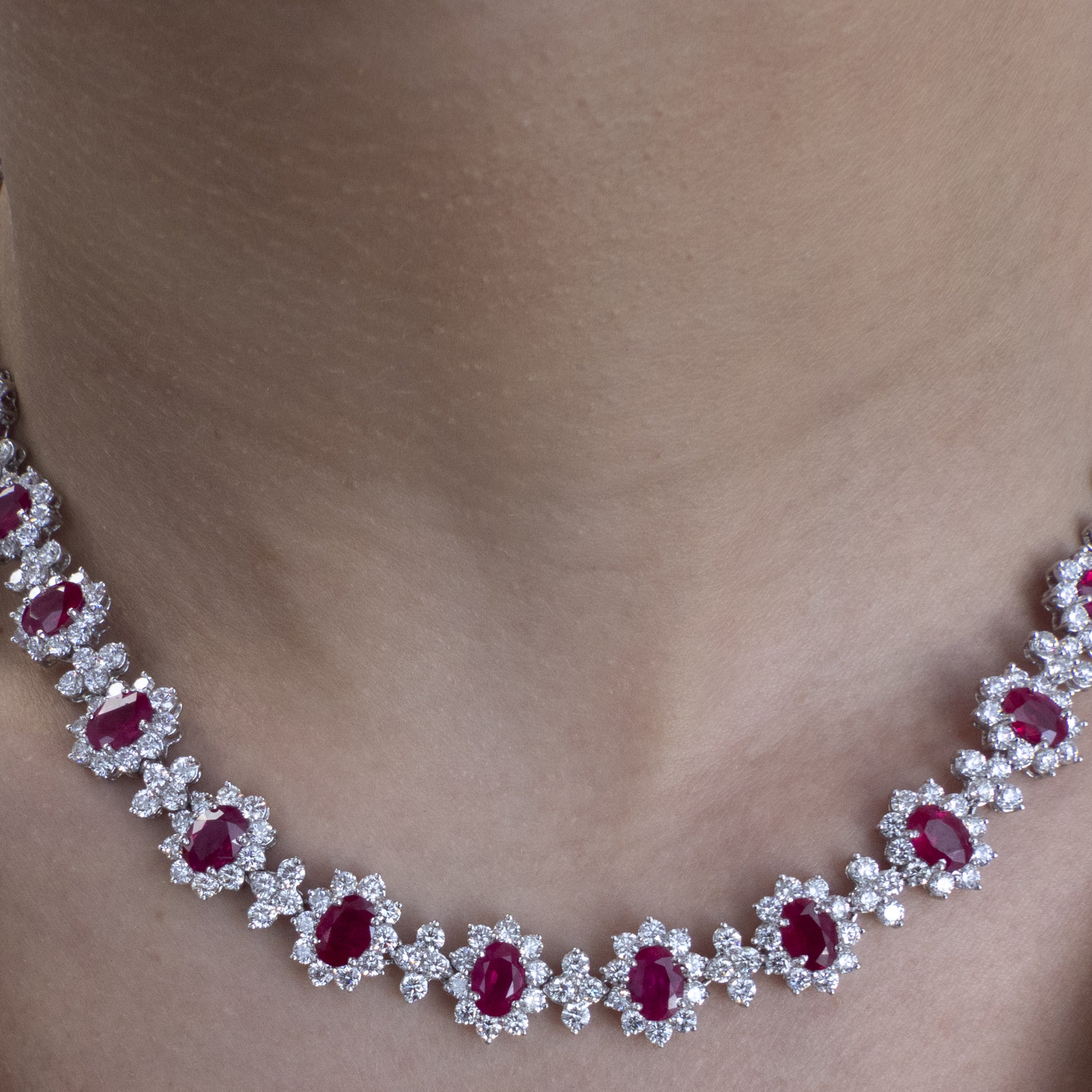 Post-1980s Platinum Ruby & Diamond Necklace worn on neck