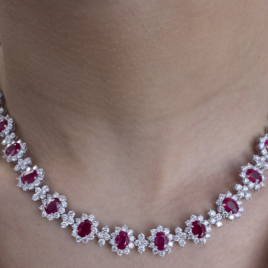 Post-1980s Platinum Ruby & Diamond Necklace worn on neck