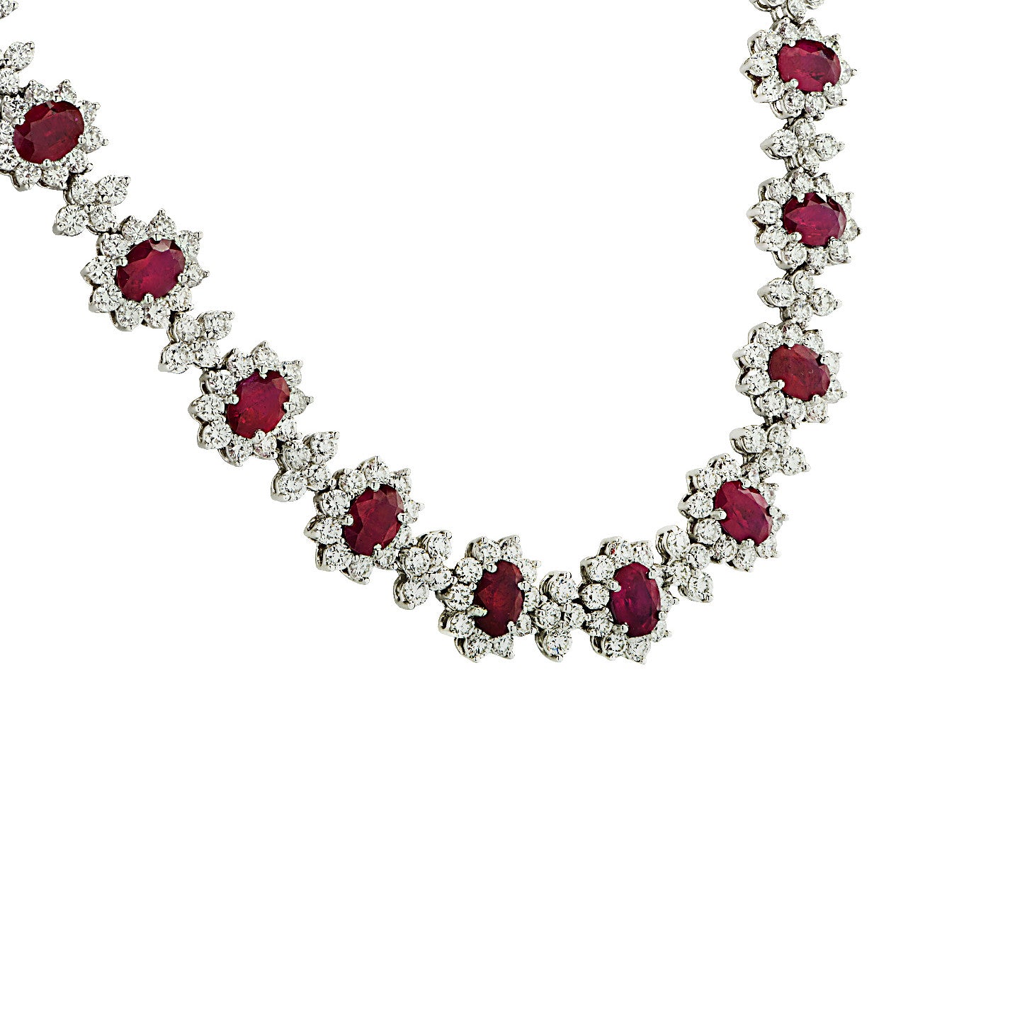 Post-1980s Platinum Ruby & Diamond Necklace front side view close-up