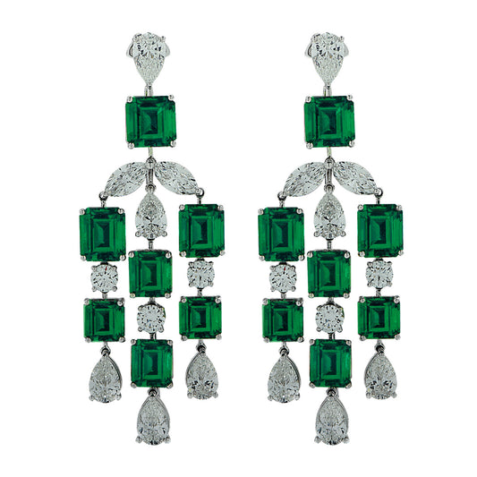 Contemporary Platinum Emerald & Diamond Earrings front