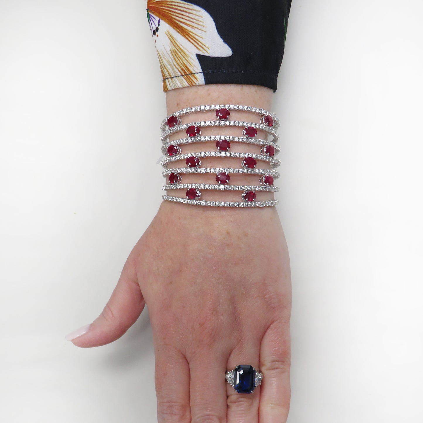 Post-1980s 18KT White Gold Ruby & Diamond Cuff Bracelet worn on wrist