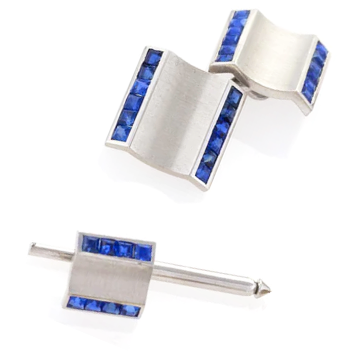 1940s Platinum Sapphire Cufflinks & Dress Set close-up front view