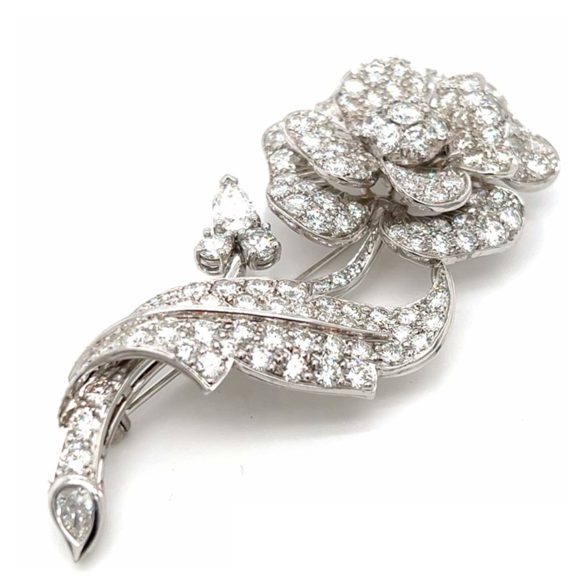 Post-1980s Platinum Diamond Rose Brooch front side view