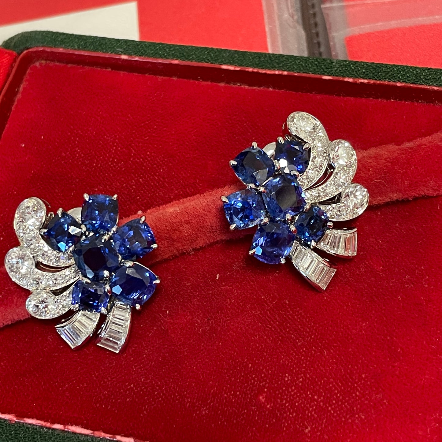 Post-1980s Platinum Sapphire & Diamond Earrings in jewelry box