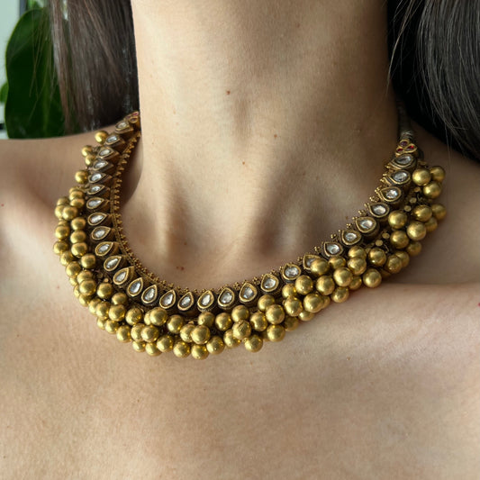 Indian Post-1980s 22KT Yellow Gold Diamond Necklace on neck