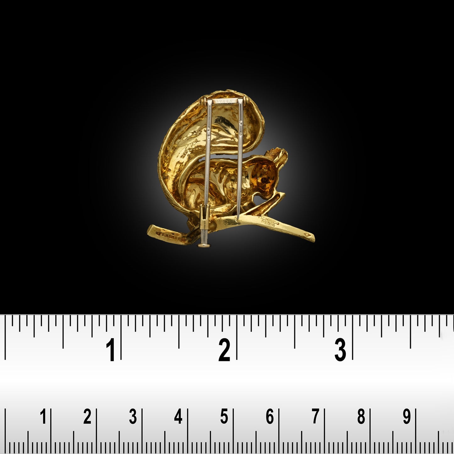 Hermes French 1960s 18KT Yellow Gold Ruby Squirrel Brooch back view with ruler