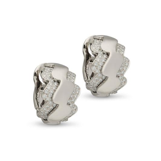 French Van Cleef & Arpels Post-1980s 18KT White Gold Diamond Wave Hoop Earrings front view