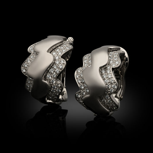 French Van Cleef & Arpels Post-1980s 18KT White Gold Diamond Wave Hoop Earrings front side view