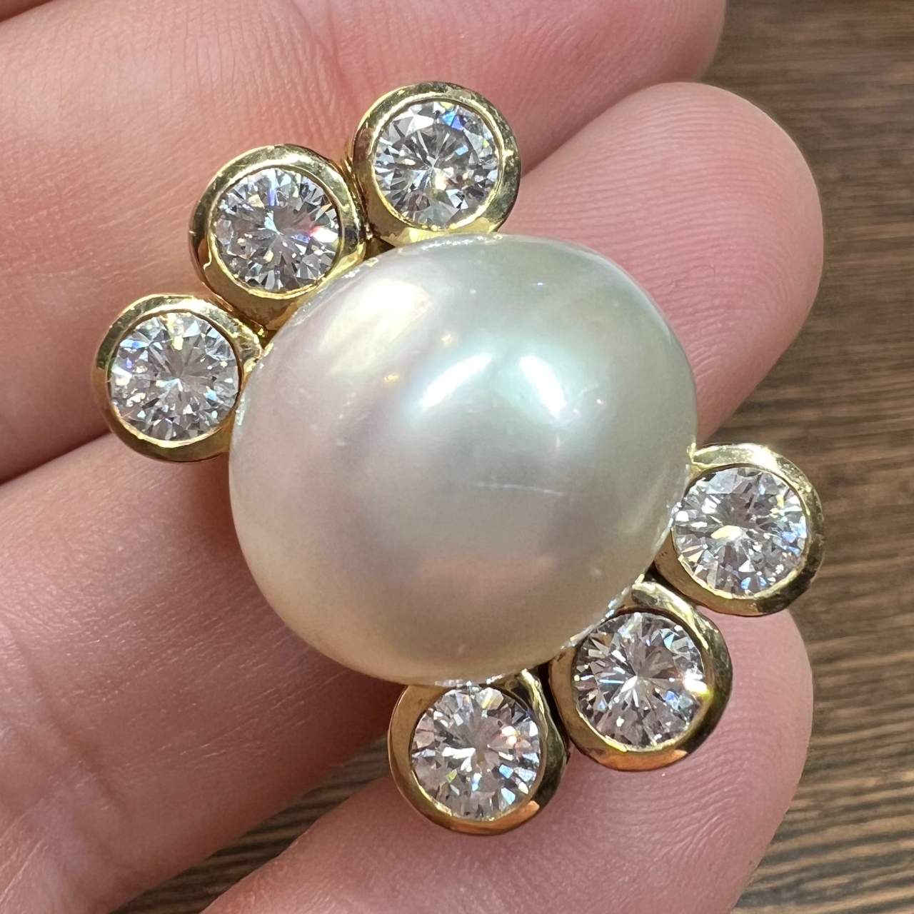David Webb Post-1980s Platinum & 18KT Yellow Gold Cultured Pearl & Diamond Ring on finger