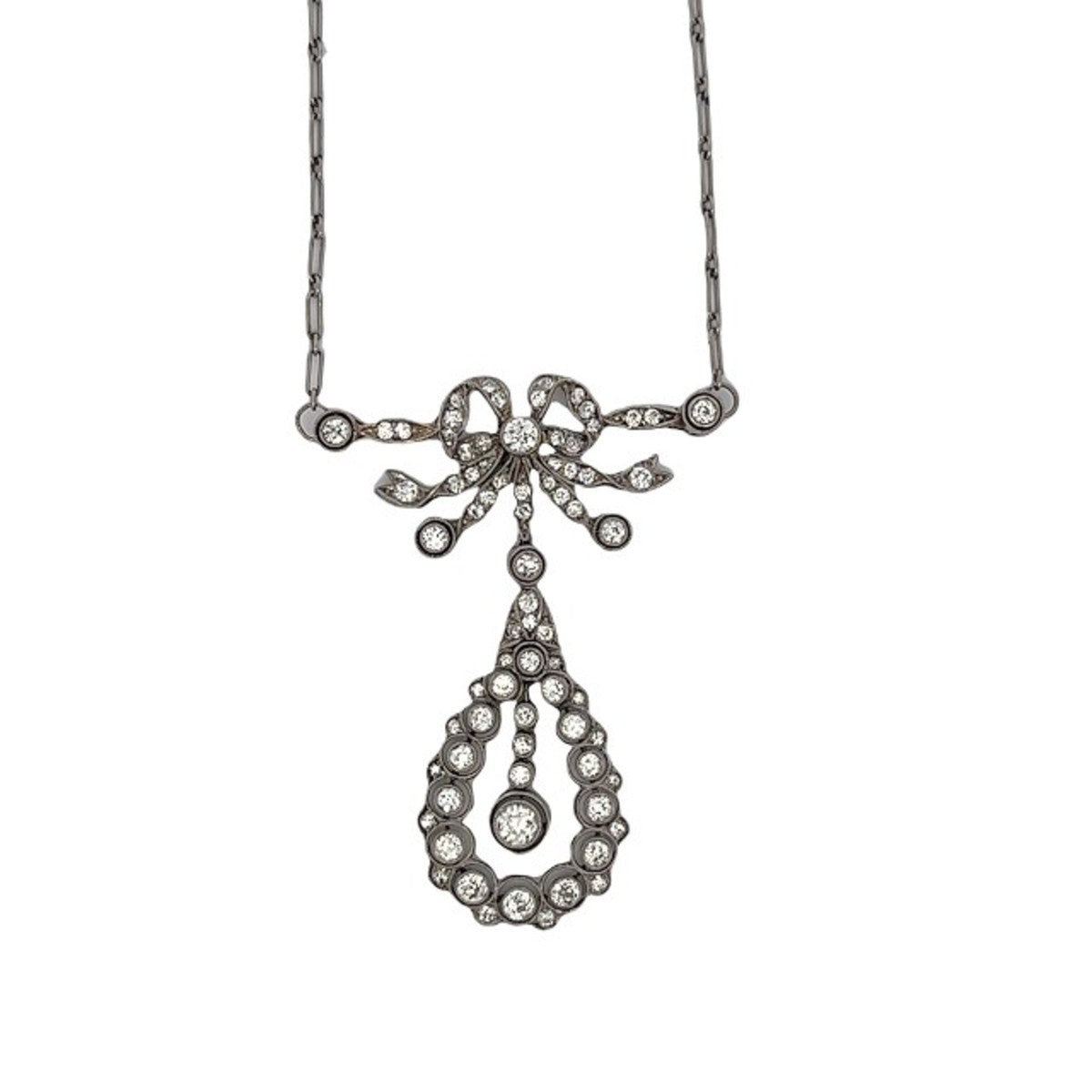 Edwardian Platinum Diamond Filigree Pendant Necklace front view