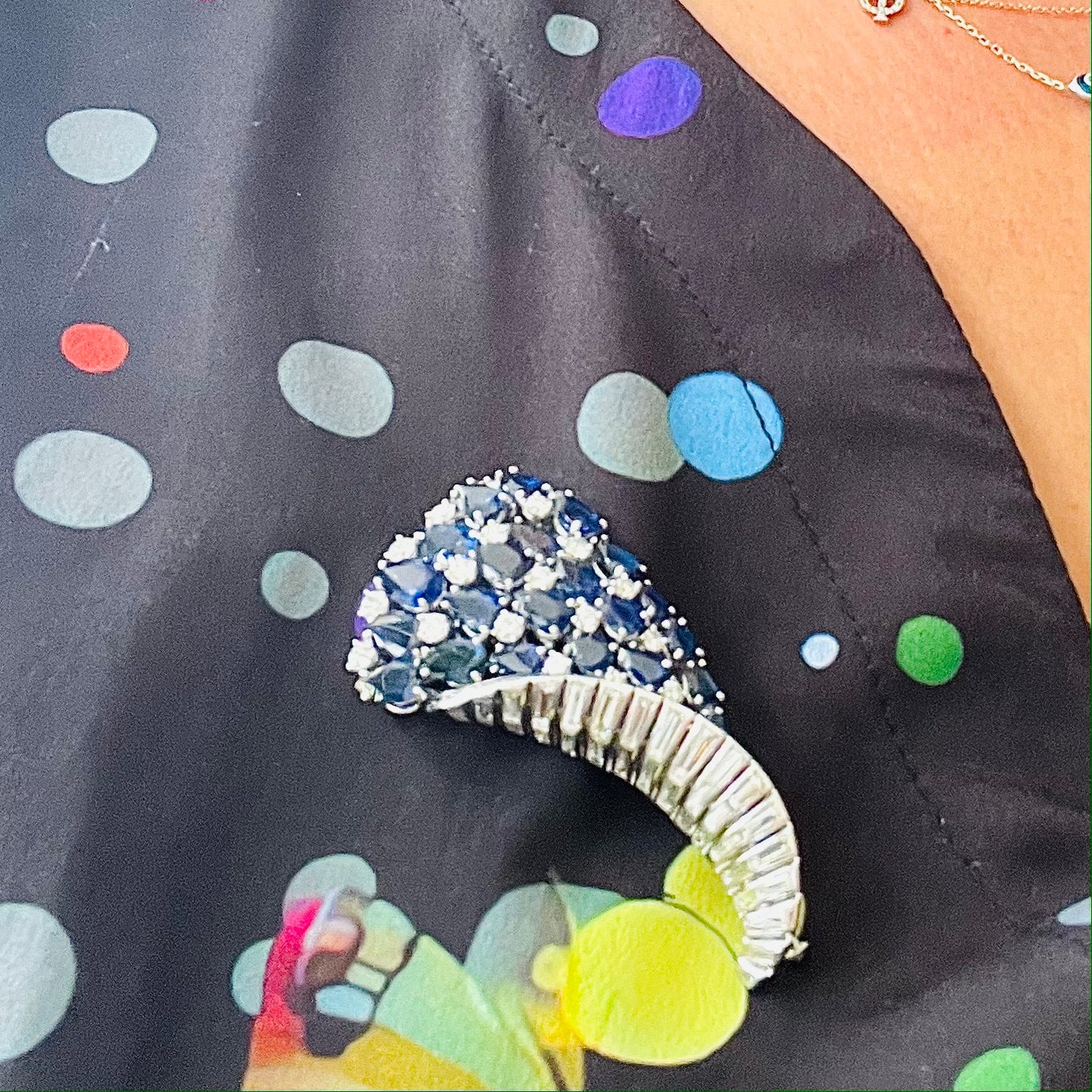 1960s Platinum Sapphire & Diamond Brooch worn on shirt