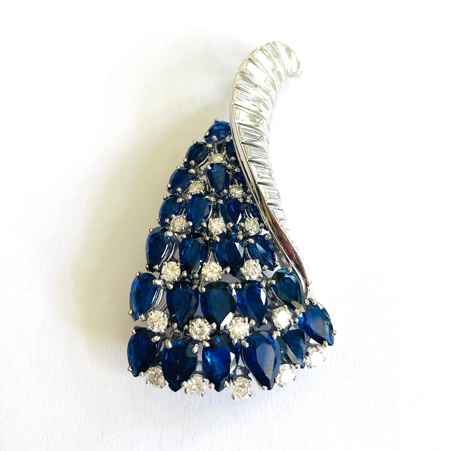 1960s Platinum Sapphire & Diamond Brooch front view