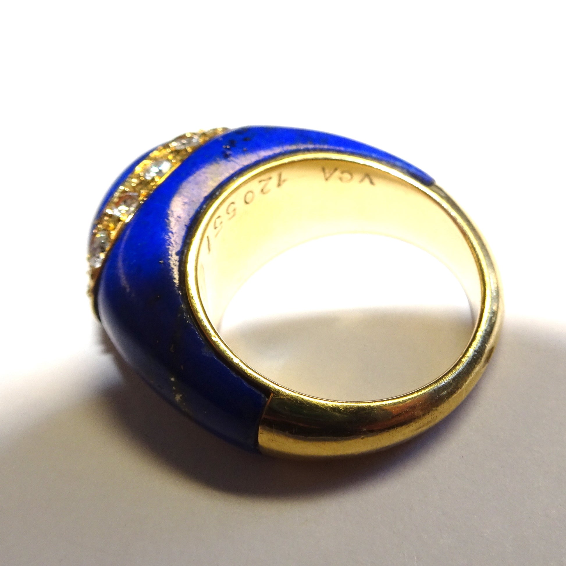 Van Cleef & Arpels 1960s 18KT Yellow Gold Lapis Lazuli & Diamond Ring close-up of signature
