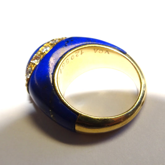 Van Cleef & Arpels 1960s 18KT Yellow Gold Lapis Lazuli & Diamond Ring close-up of signature