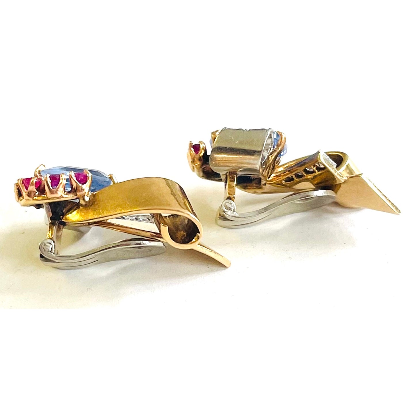 1950s 14KT Yellow Gold Sapphire, Diamond & Ruby Earrings side view