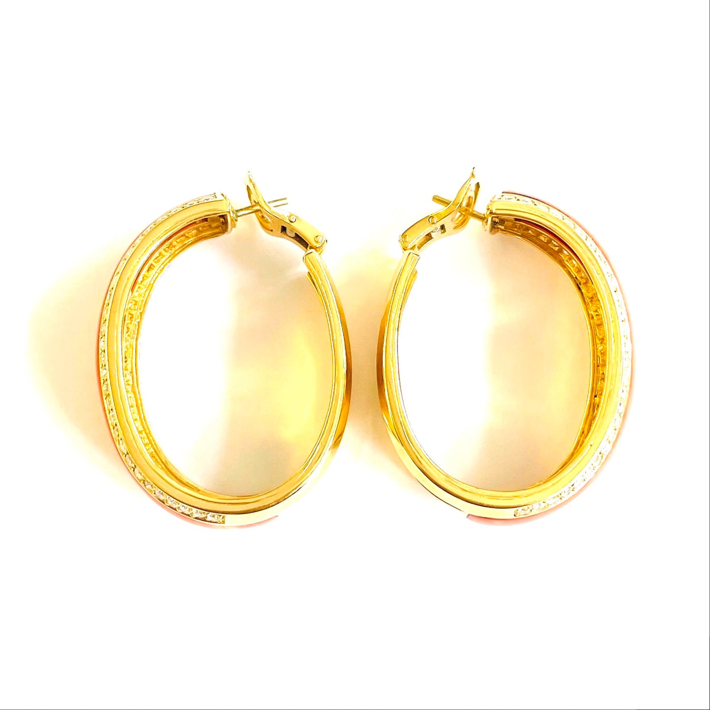 Piaget French 1980s 18KT Yellow Gold Coral & Diamond Creoles Earrings side view
