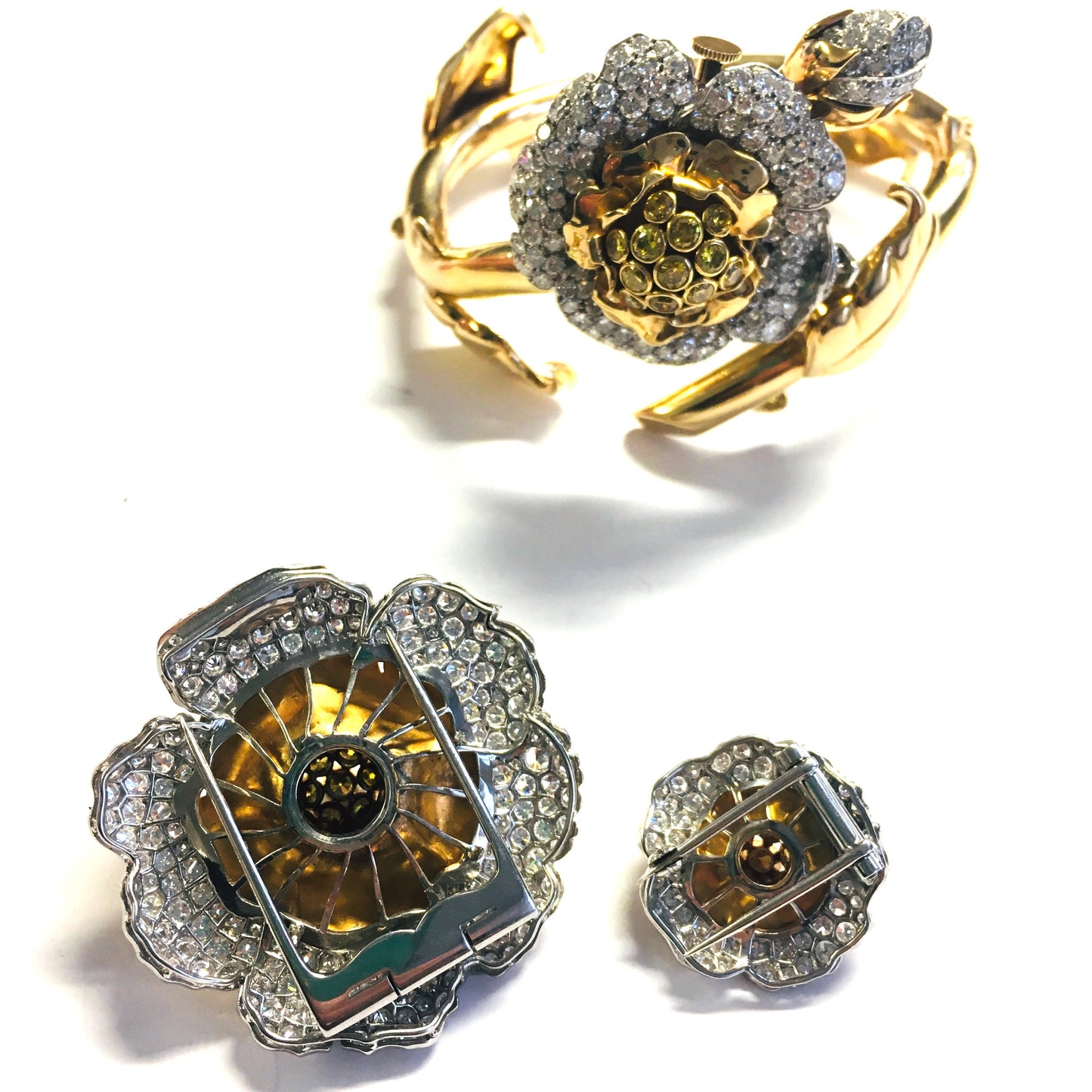 1950s 18KT Yellow Gold Diamond Flower Watch Bracelet & Clips back view