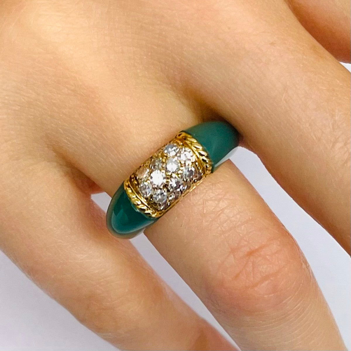 Van Cleef & Arpels 1970s 18KT Yellow Gold Chrysoprase & Diamond Ring on finger