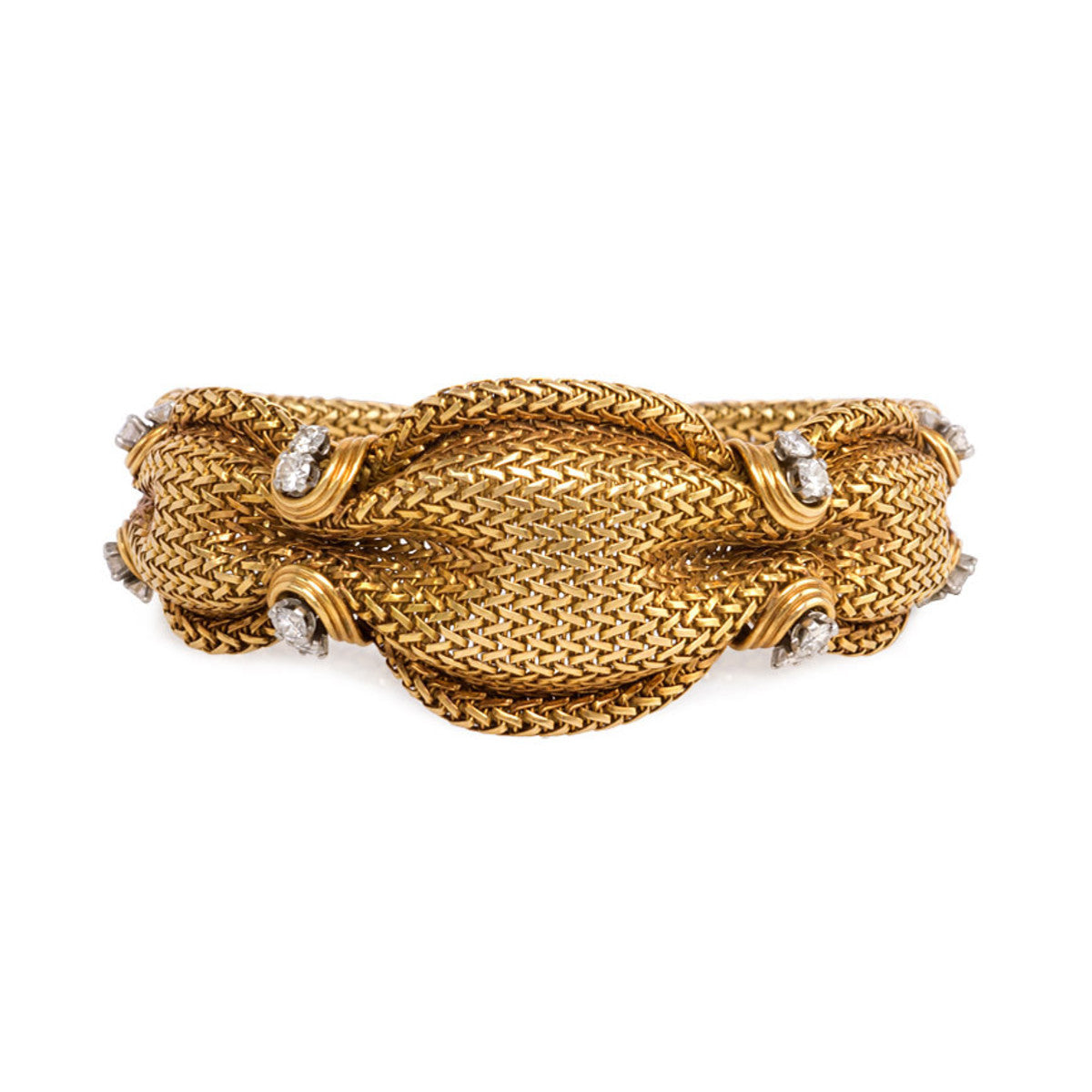 French 1950s 18KT Yellow Gold Diamond Woven Bracelet front view