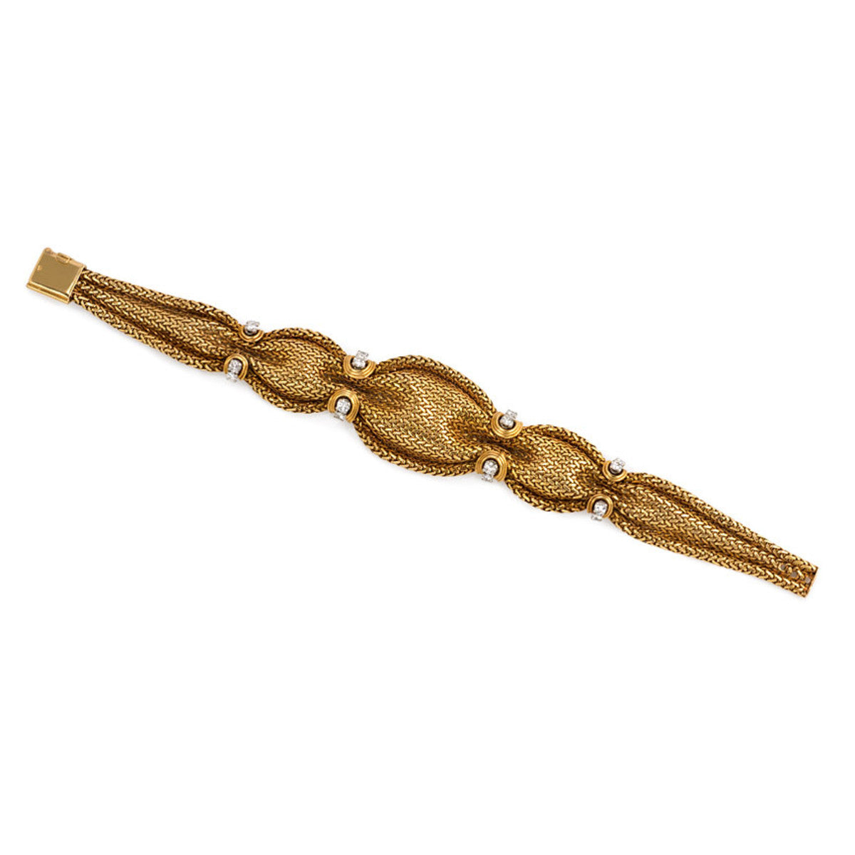 French 1950s 18KT Yellow Gold Diamond Woven Bracelet back view