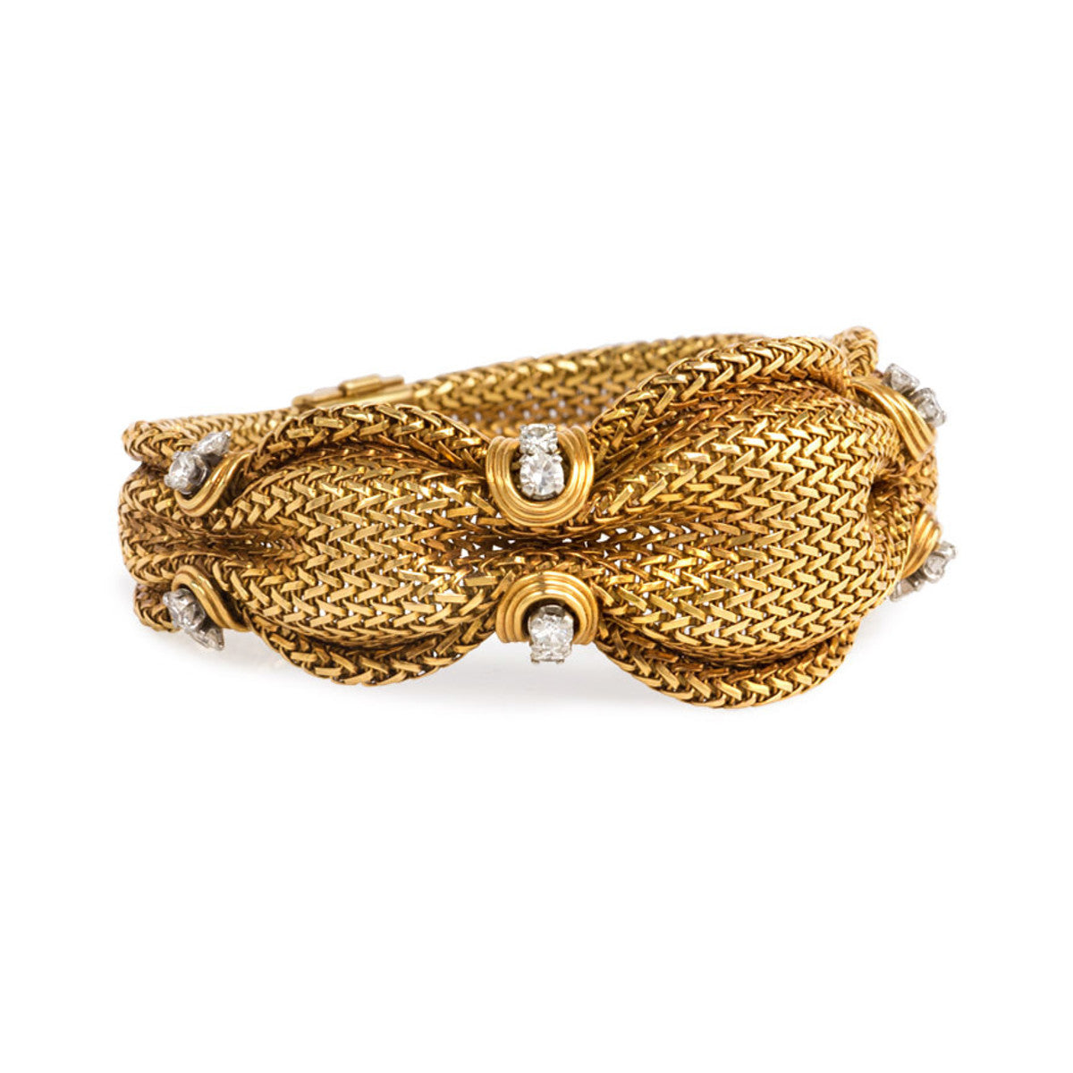 French 1950s 18KT Yellow Gold Diamond Woven Bracelet side view