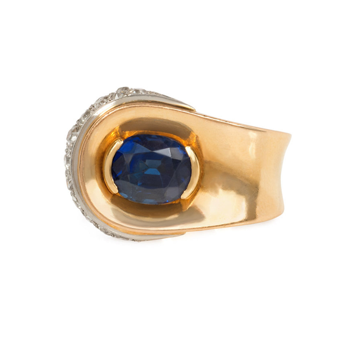 French Retro 18KT Yellow Gold Sapphire & Diamond Ring top