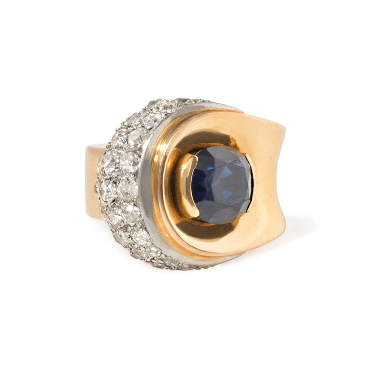 French Retro 18KT Yellow Gold Sapphire & Diamond Ring top