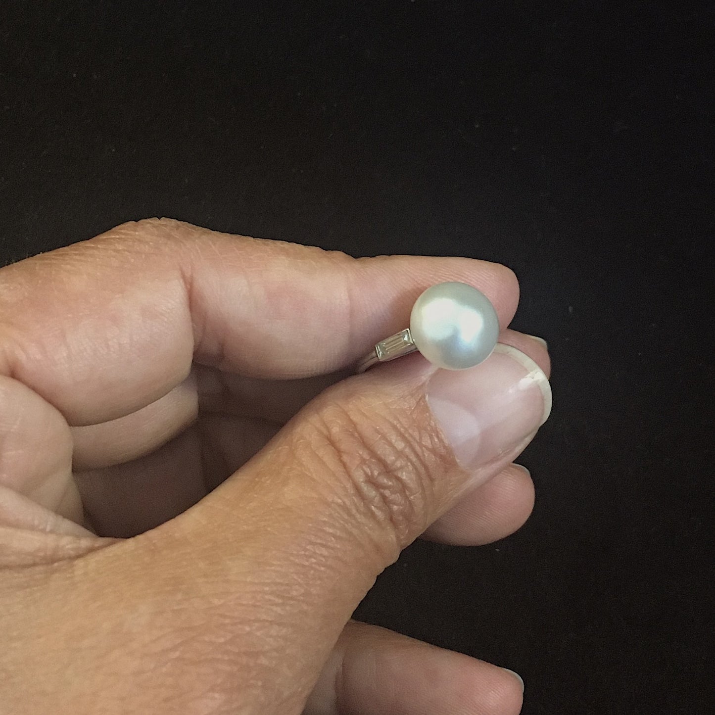 French Post-1980s Platinum Natural Pearl & Diamond Ring in hand