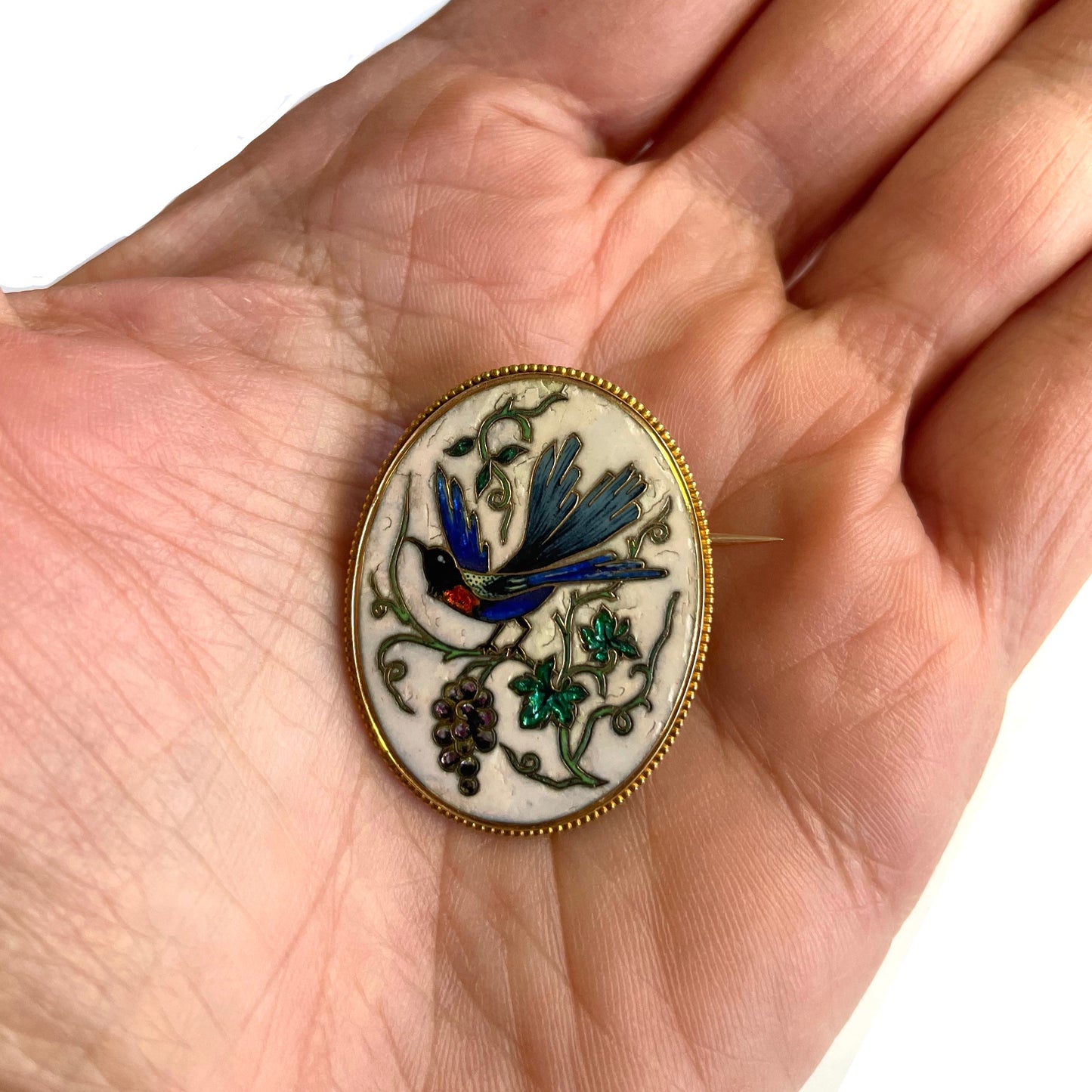 French Victorian 18KT Yellow Gold Enamel Pendant/Brooch in hand