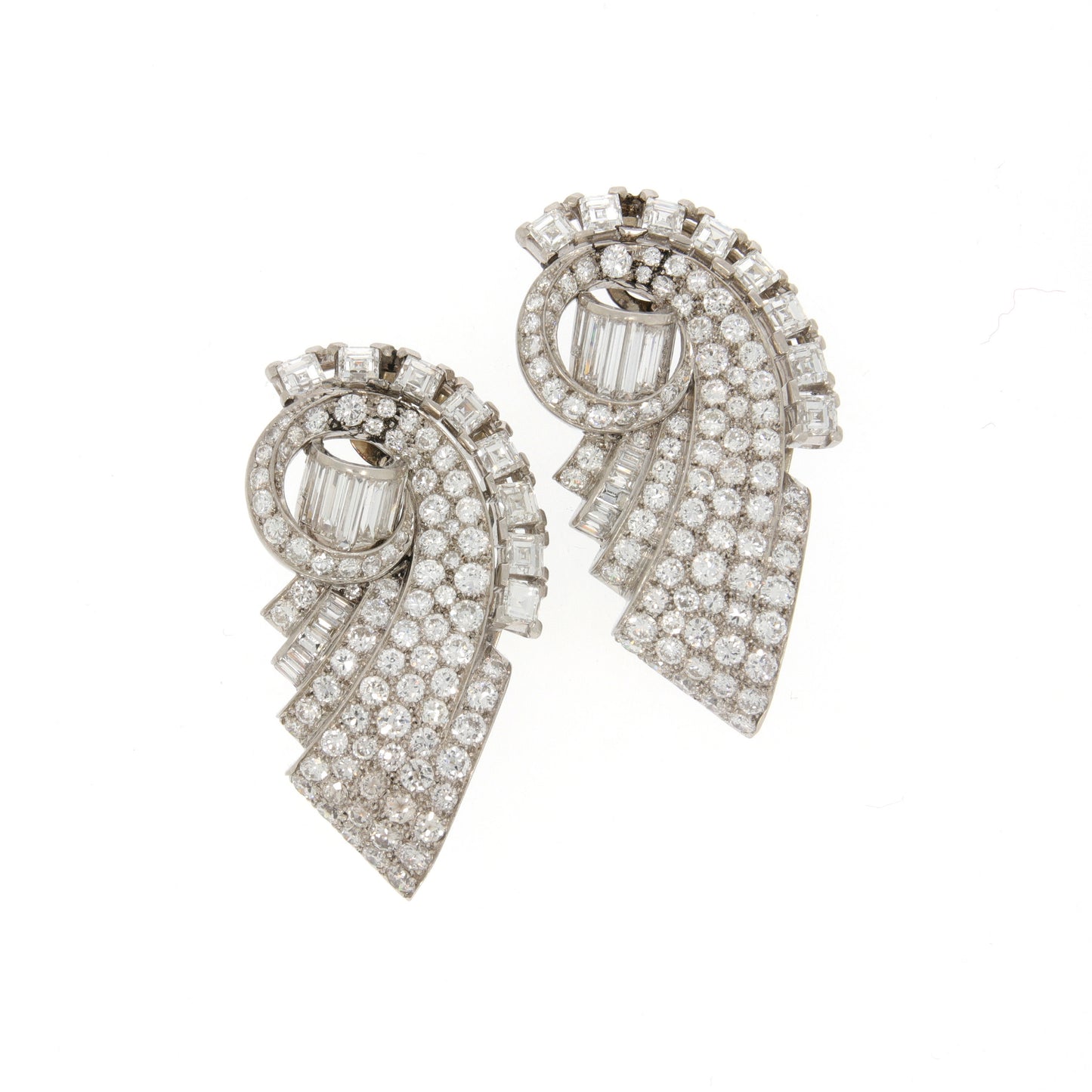 French 1940s Platinum Diamond Double Clips front