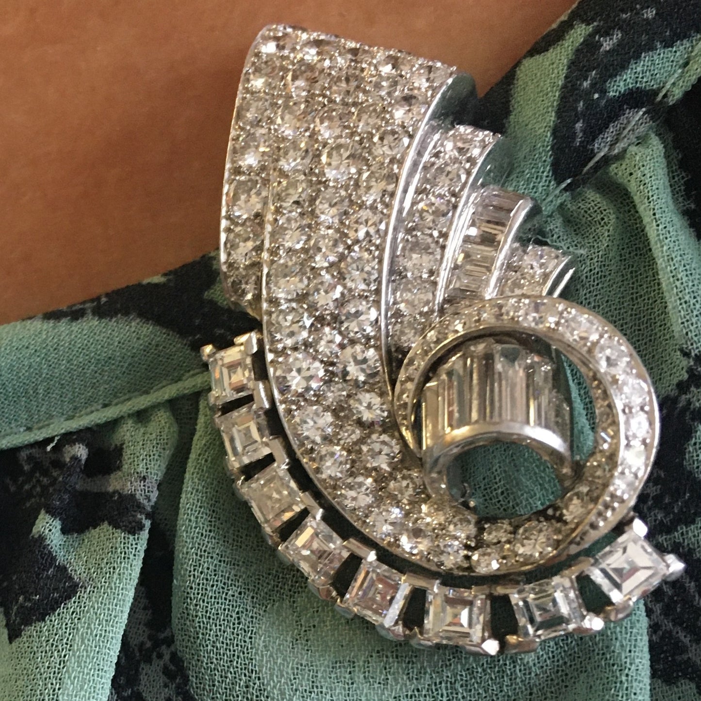 French 1940s Platinum Diamond Double Clips on blouse