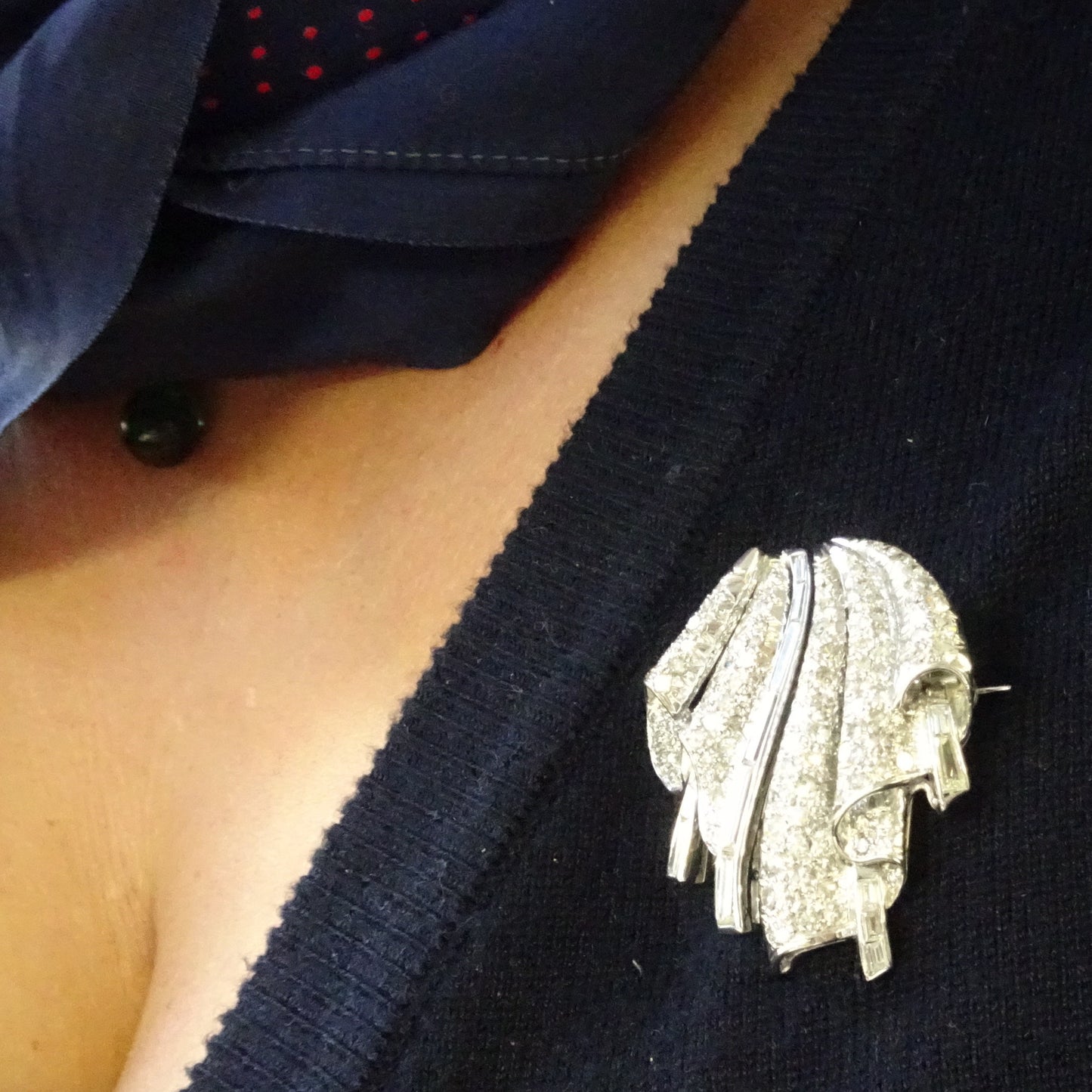 1940s Platinum Diamond Double Clips Brooch worn as brooch