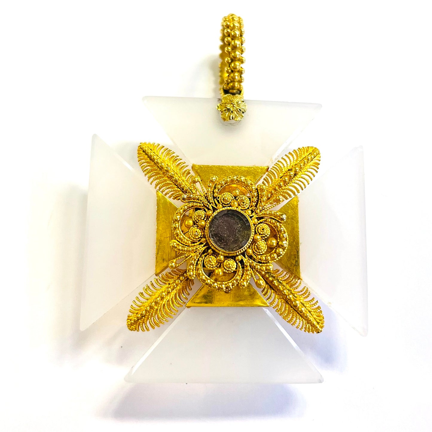 Victorian 18KT Yellow Gold Agate & Pink Topaz Maltese Cross Pendant back