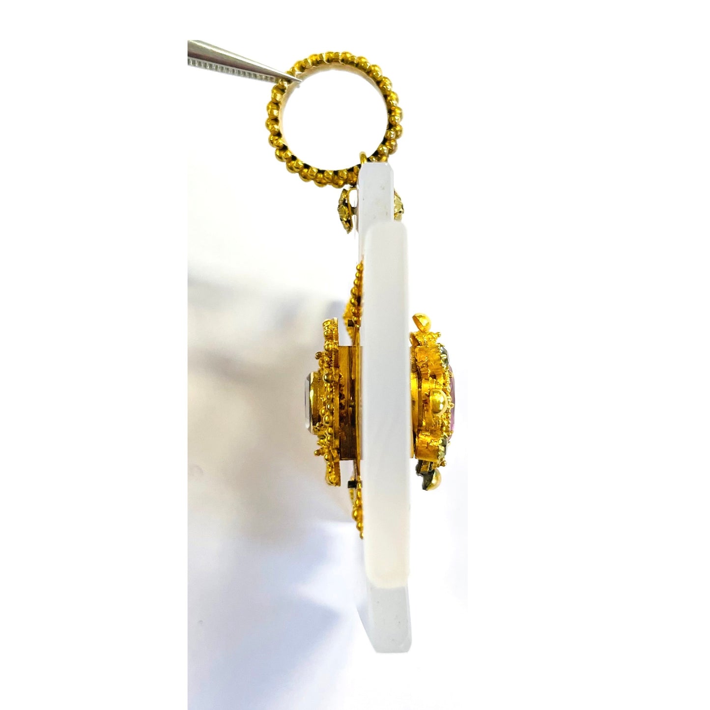 Victorian 18KT Yellow Gold Agate & Pink Topaz Maltese Cross Pendant side