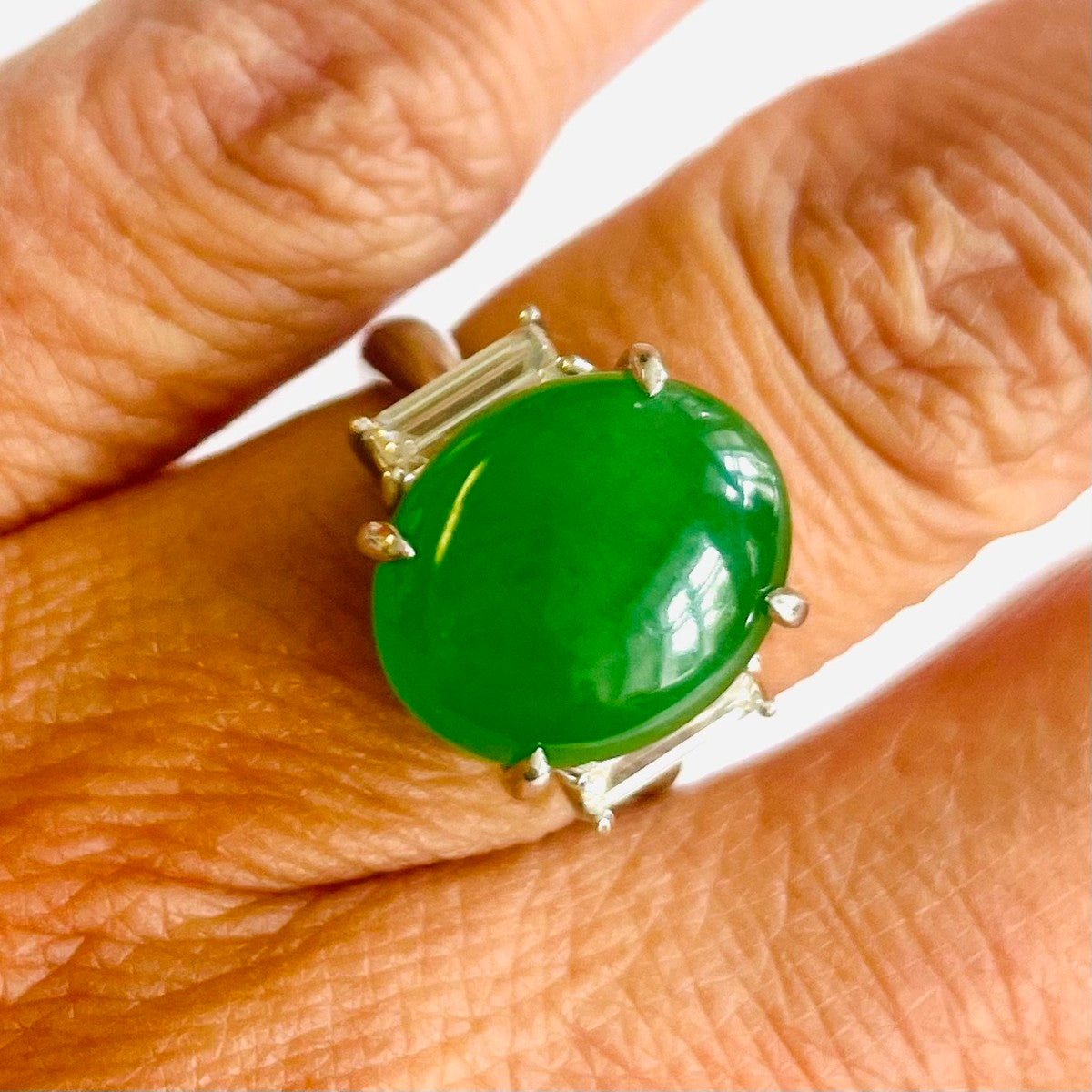 1980s Platinum Natural Jade & Diamond Ring worn on finger
