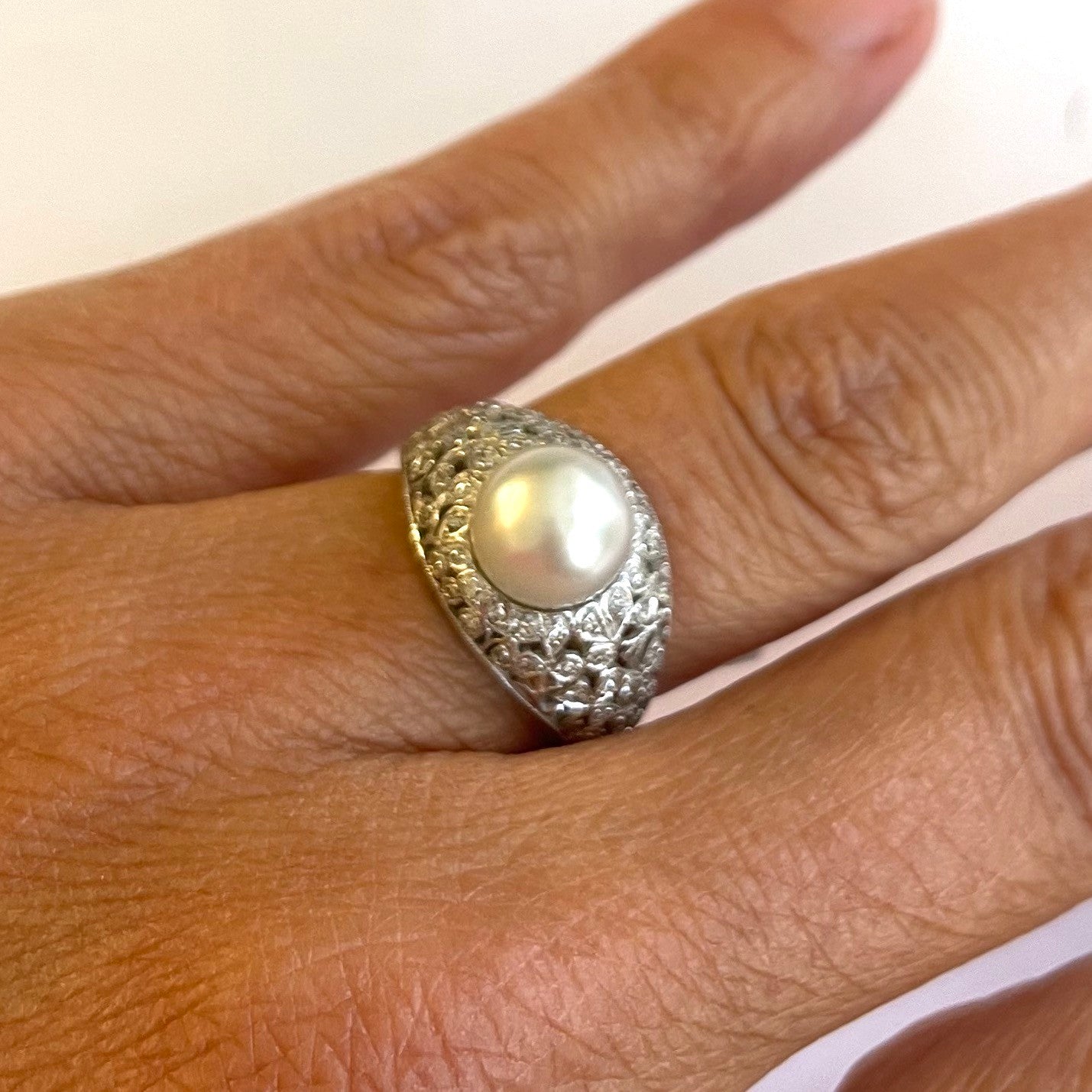 1940s Platinum Natural Pearl & Diamond Ring on finger