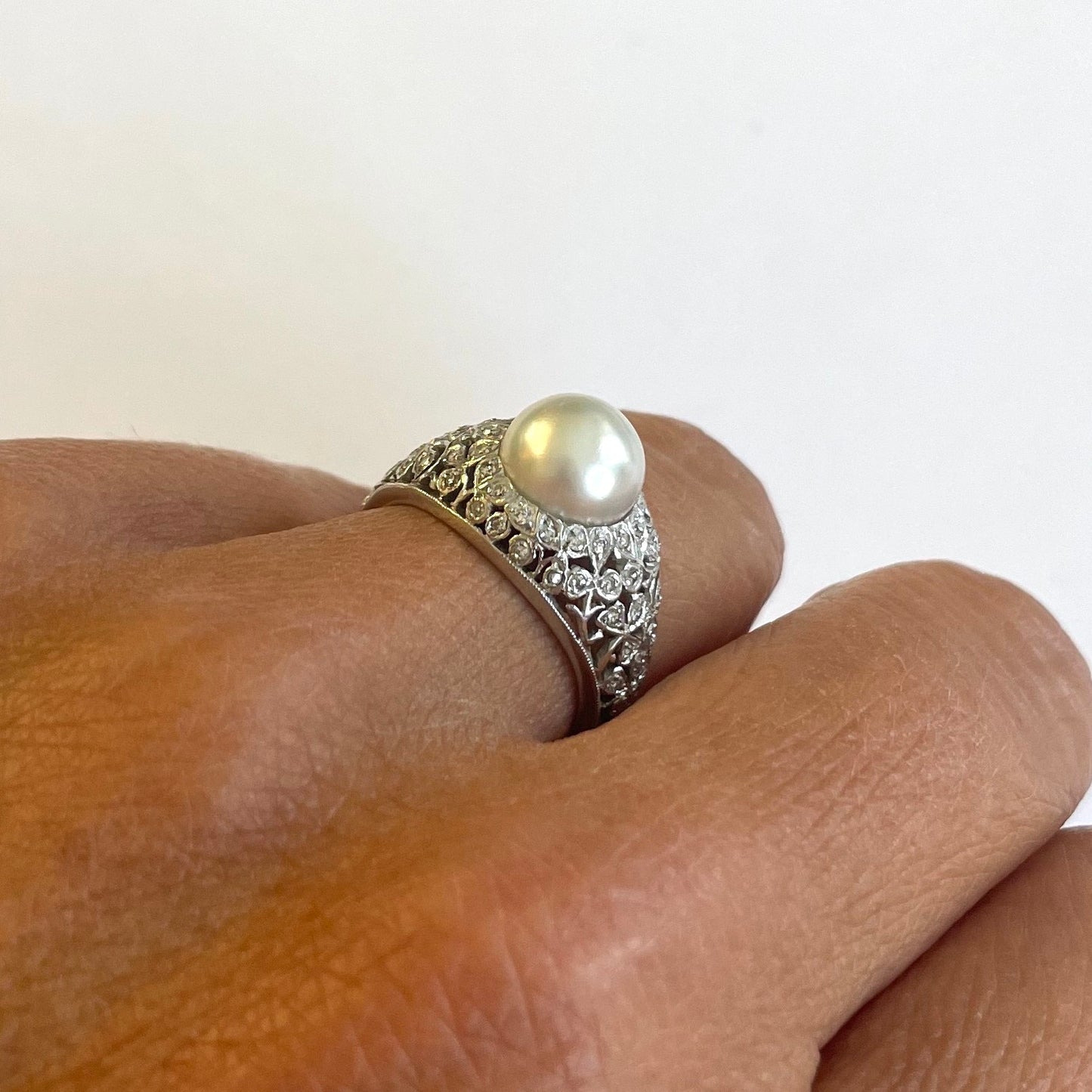 1940s Platinum Natural Pearl & Diamond Ring on finger