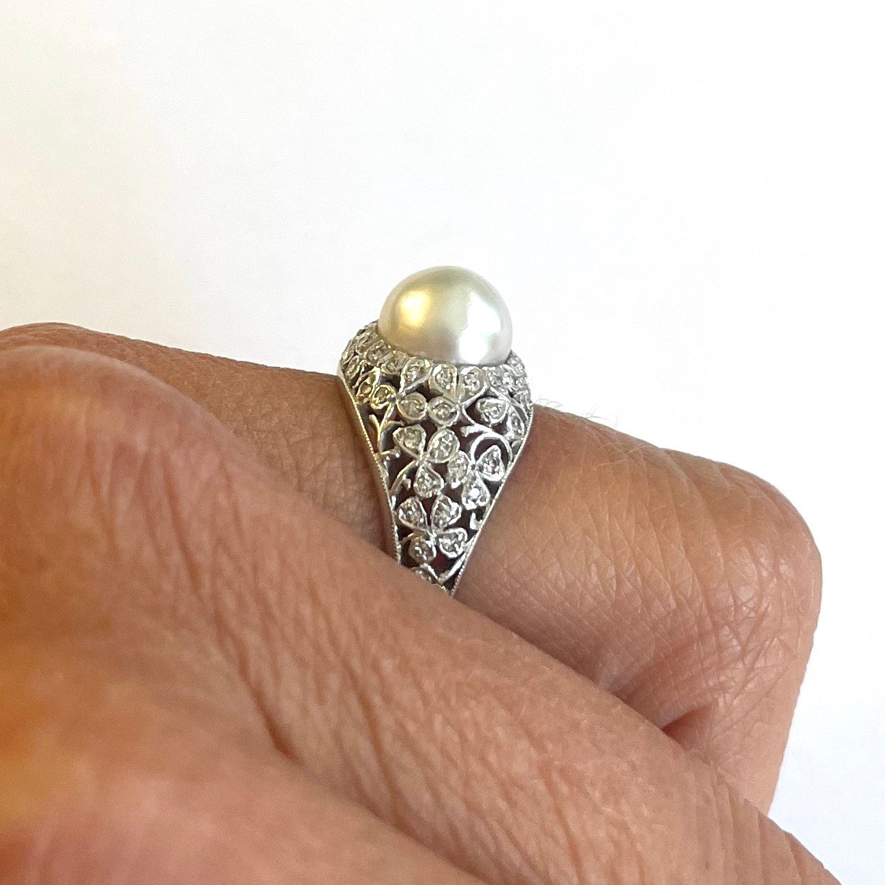 1940s Platinum Natural Pearl & Diamond Ring on finger